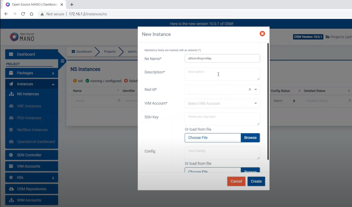 OSM Orchestrator GUI - VNF Instance Creation.